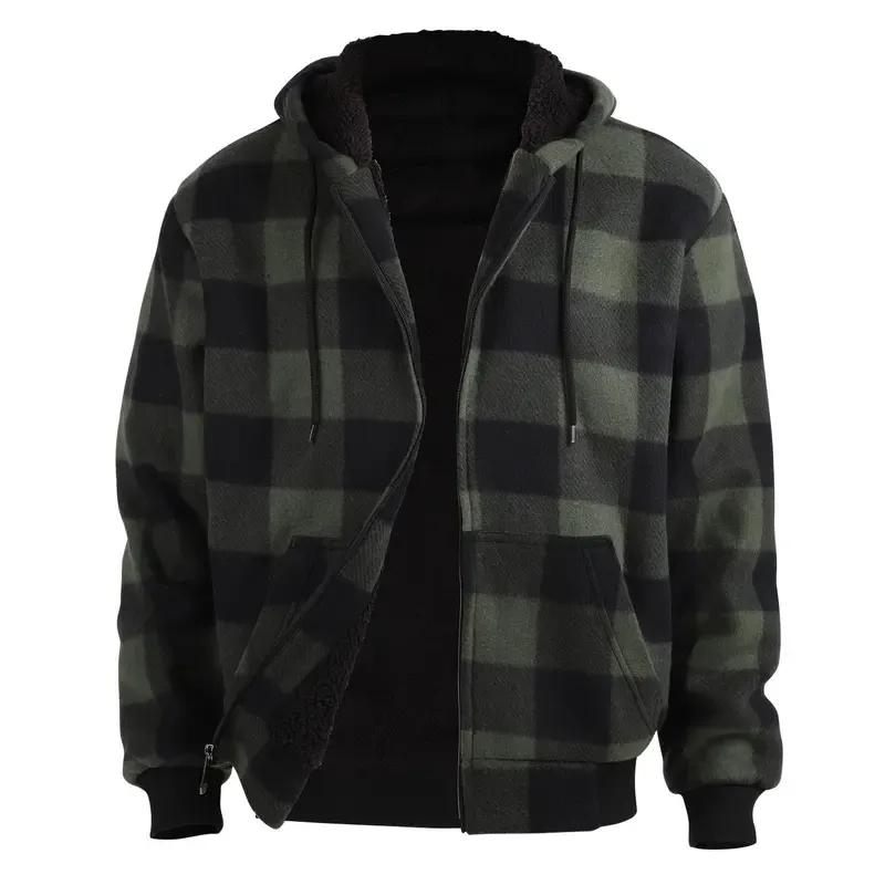 Plaid Fleece Zip Up Hoodie Jacket