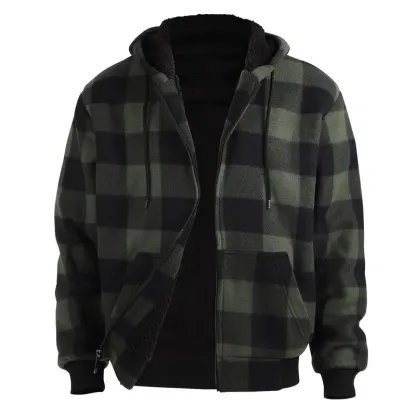Plaid Fleece Zip Up Hoodie Jacket