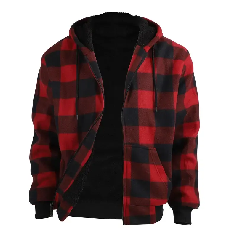 Plaid Fleece Zip Up Hoodie Jacket