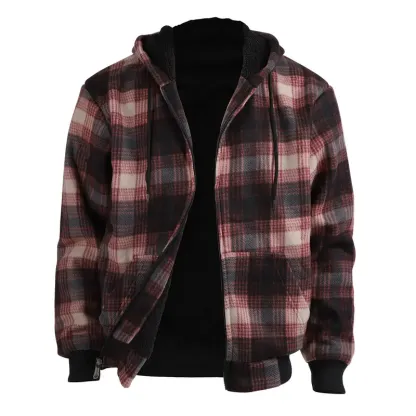 Plaid Fleece Zip Up Hoodie Jacket