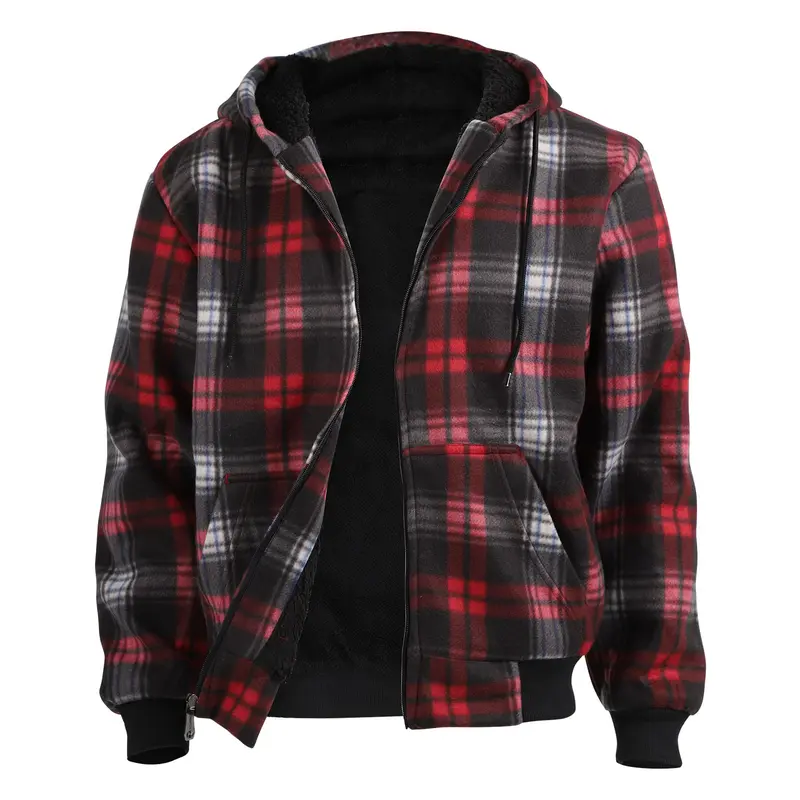 Plaid Fleece Zip Up Hoodie Jacket