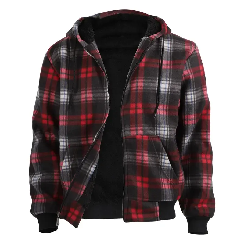 Plaid Fleece Zip Up Hoodie Jacket