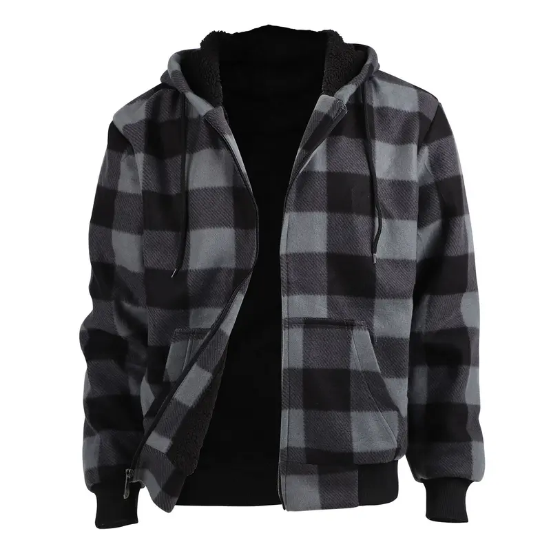 Plaid Fleece Zip Up Hoodie Jacket
