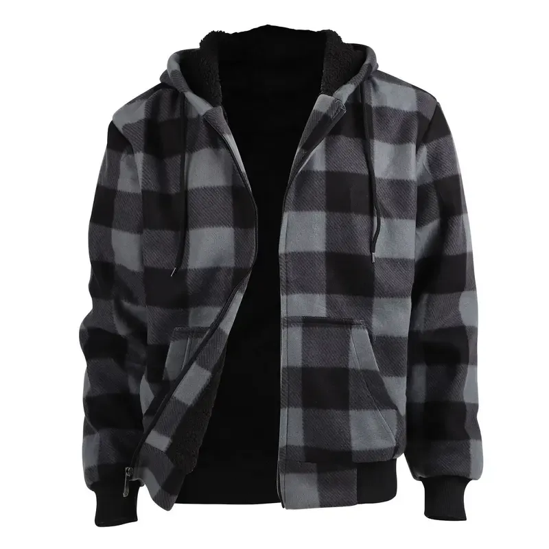 Plaid Fleece Zip Up Hoodie Jacket