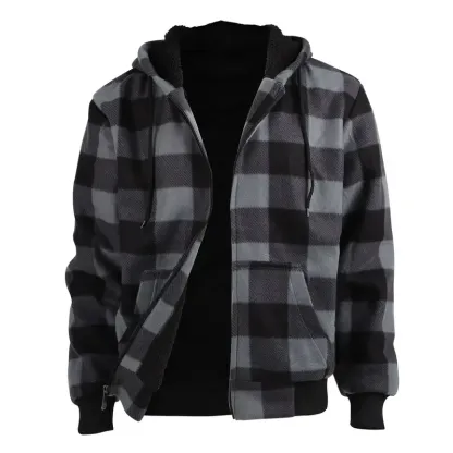 Plaid Fleece Zip Up Hoodie Jacket