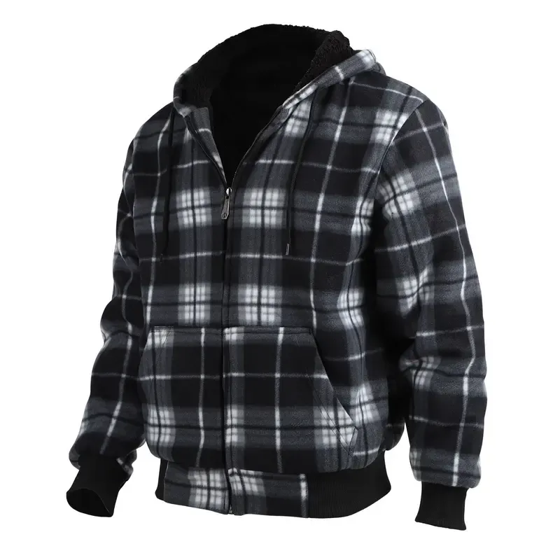Plaid Fleece Zip Up Hoodie Jacket