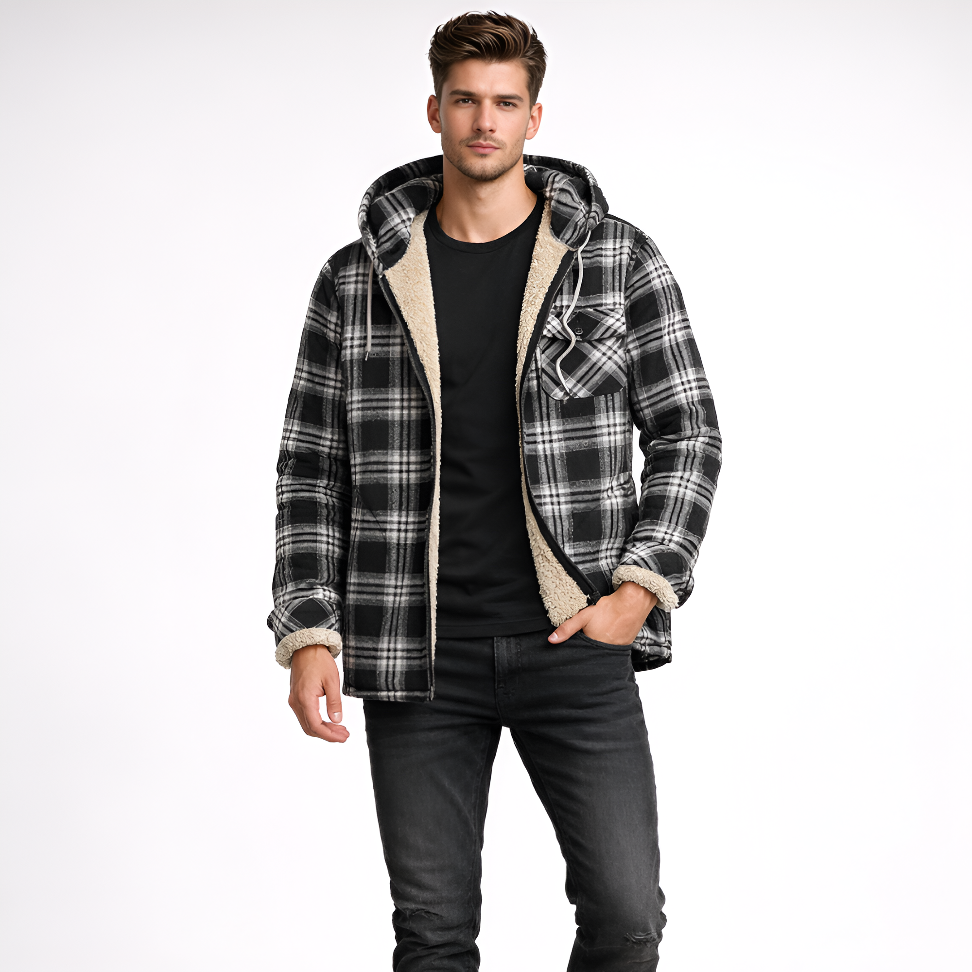 Plaid Fleece Lined Full Zip Flannel Jacket With Hood For Men