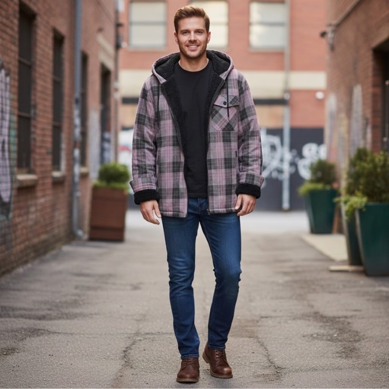 Plaid Flannel Jacket With Sherpa Lining And Fleece Interior For Men