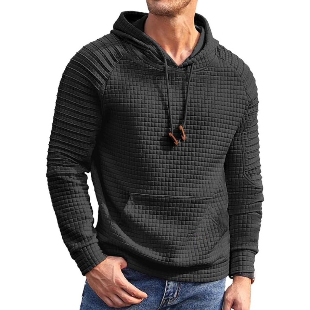 Men Long Sleeve Waffle Knit Pullover Hoodie with Kangaroo Pocket
