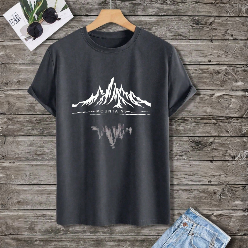 Stylized Mountain Print Lightweight Short Sleeve T Shirt For Men