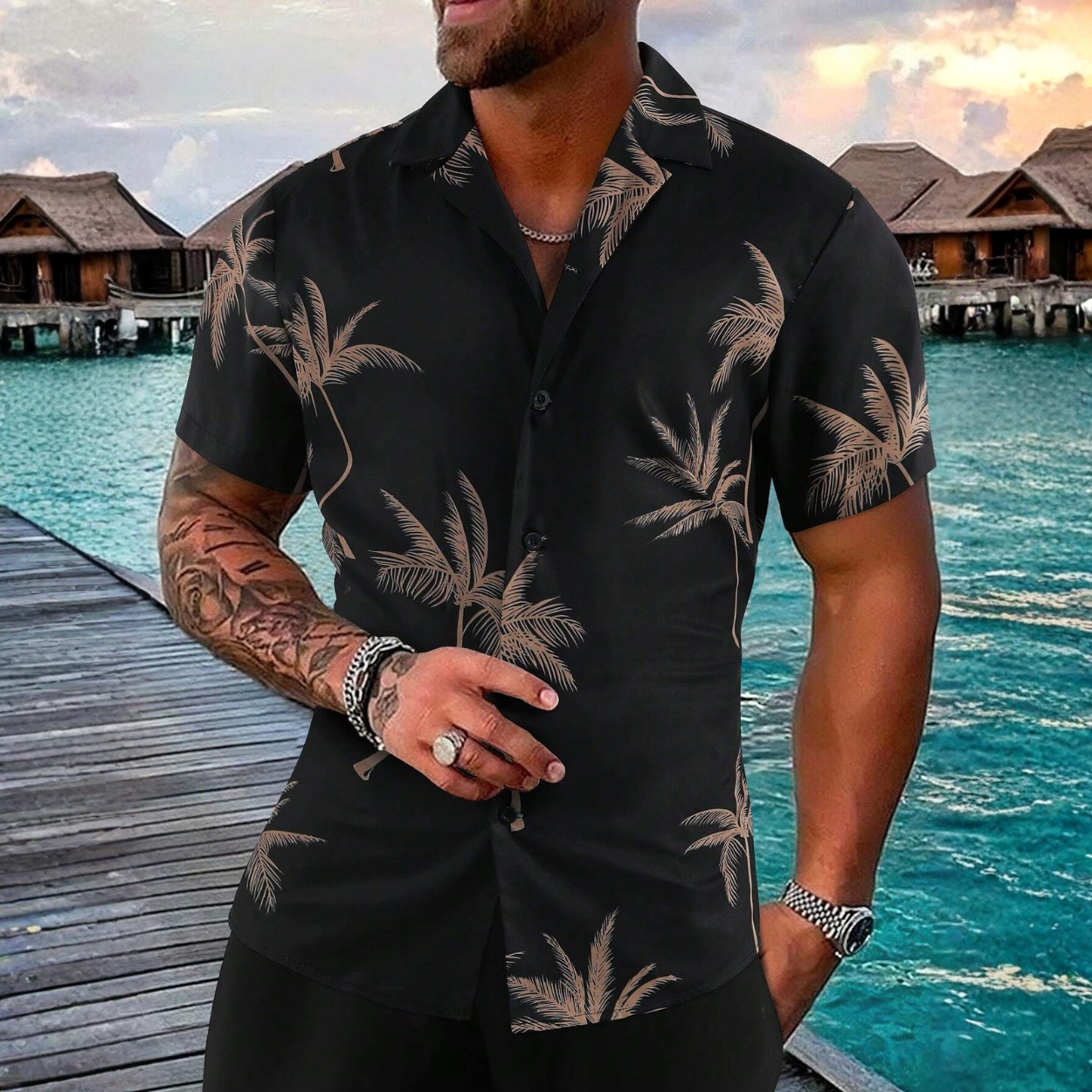 Tropical Plant Print Short Sleeve Summer Button Shirt For Men