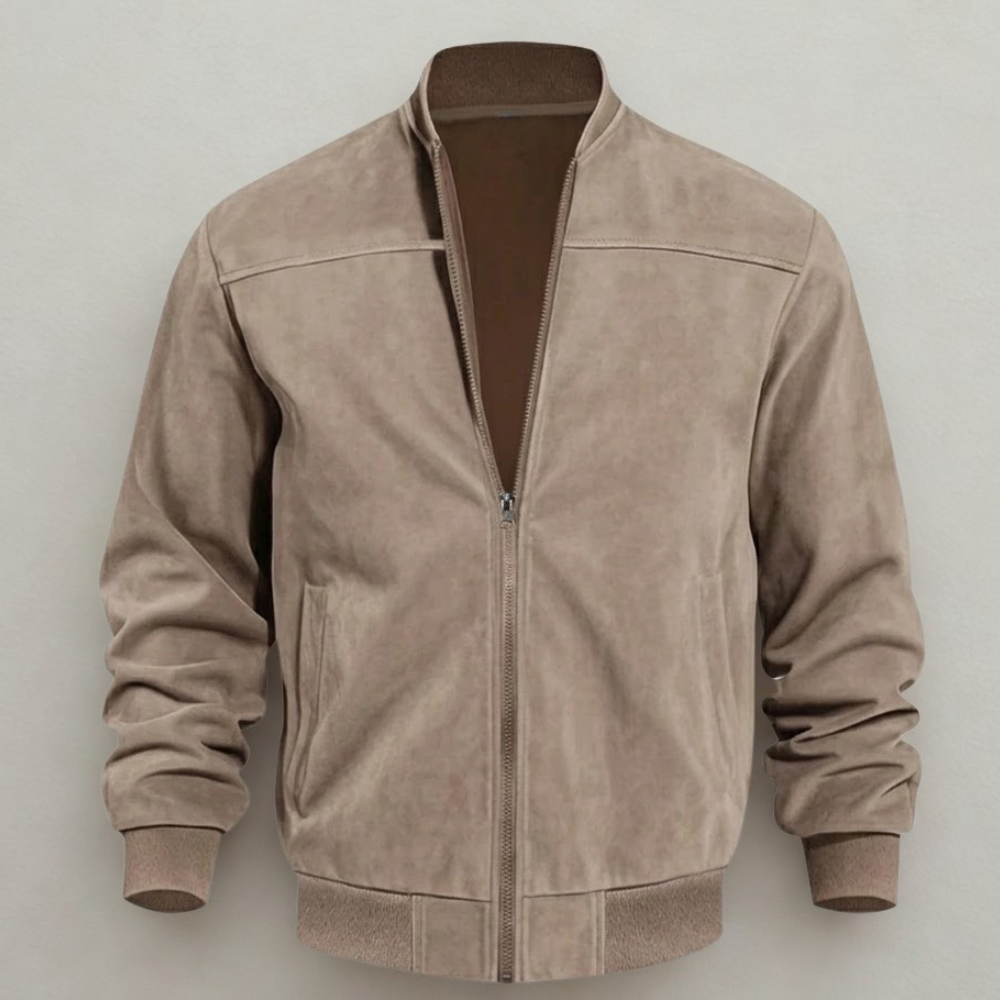 Suede Bomber Jacket With Full Zip Stand Collar For Men