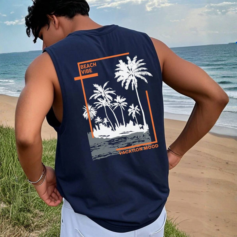 Coconut Tree Letter Print Casual Tank Top For Men