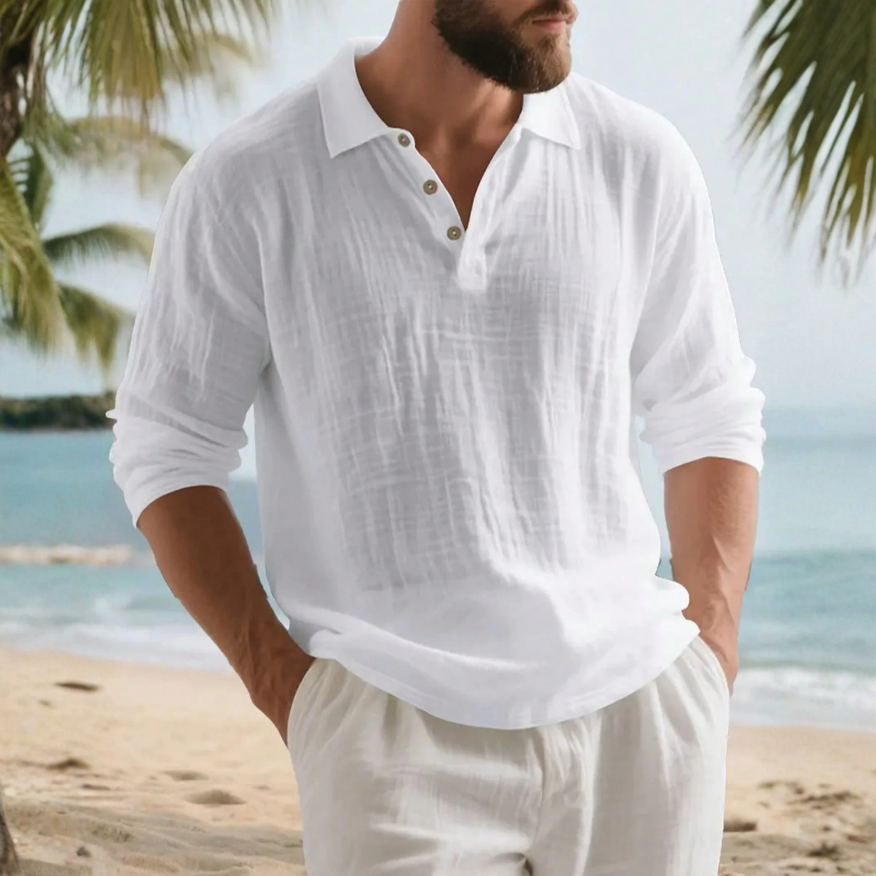 Lightweight Half Placket Button Design Linen Polo Shirt For Men