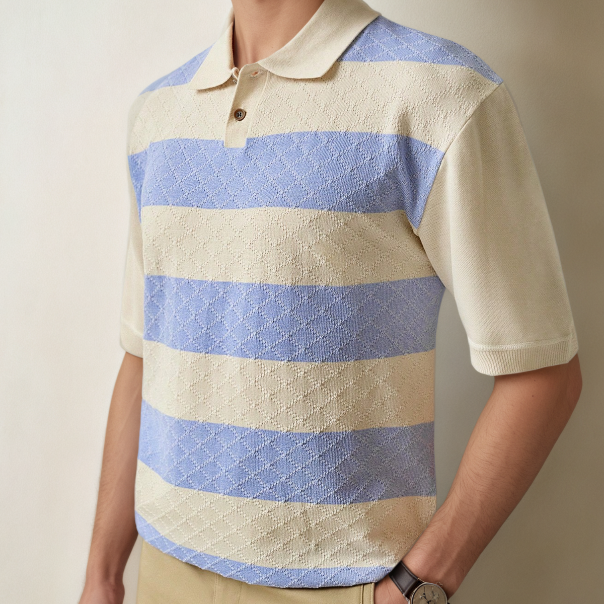 Casual Striped Knit Short Sleeve Polo Shirt For Men