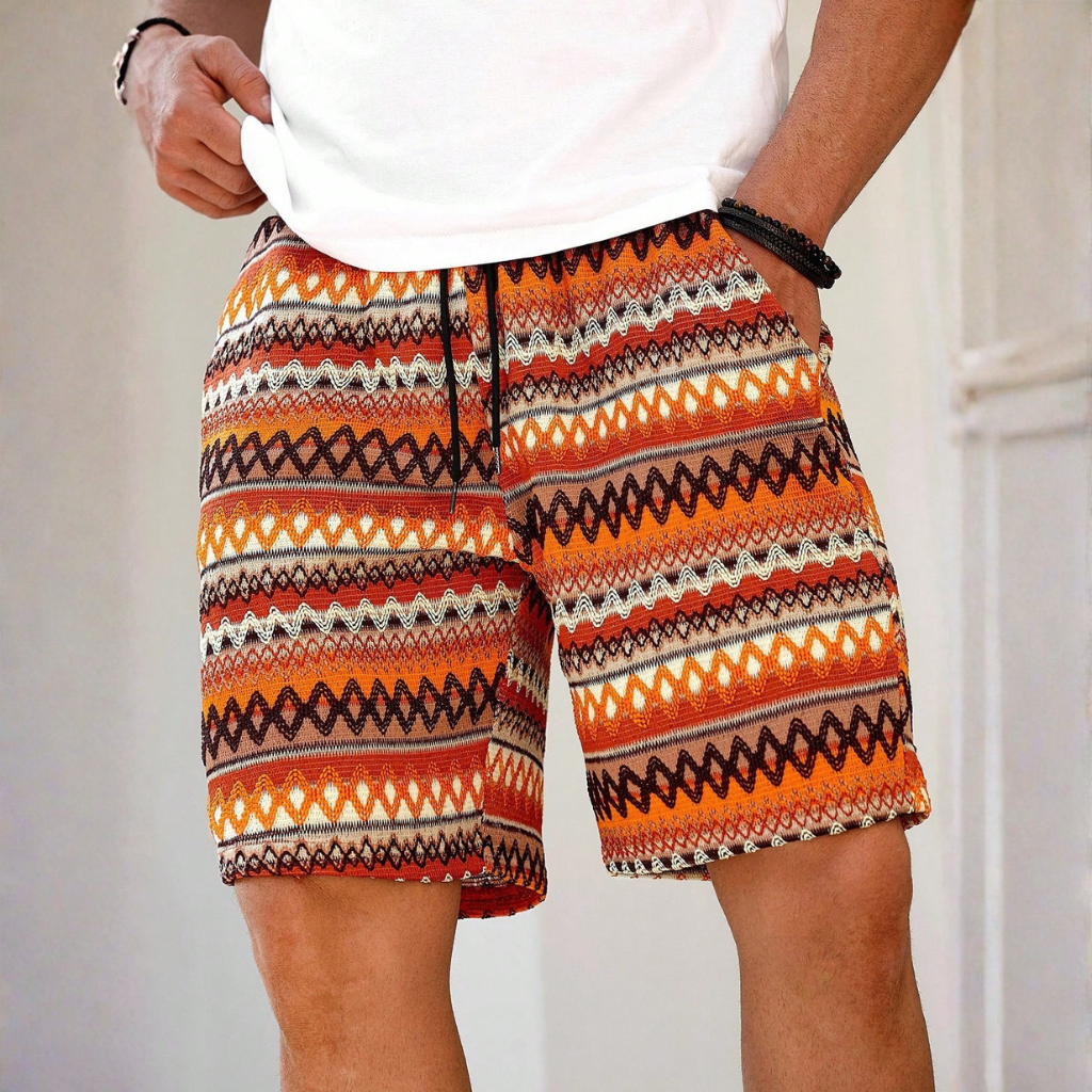 Bohemian Design Geometric Striped Vacation Shorts For Men