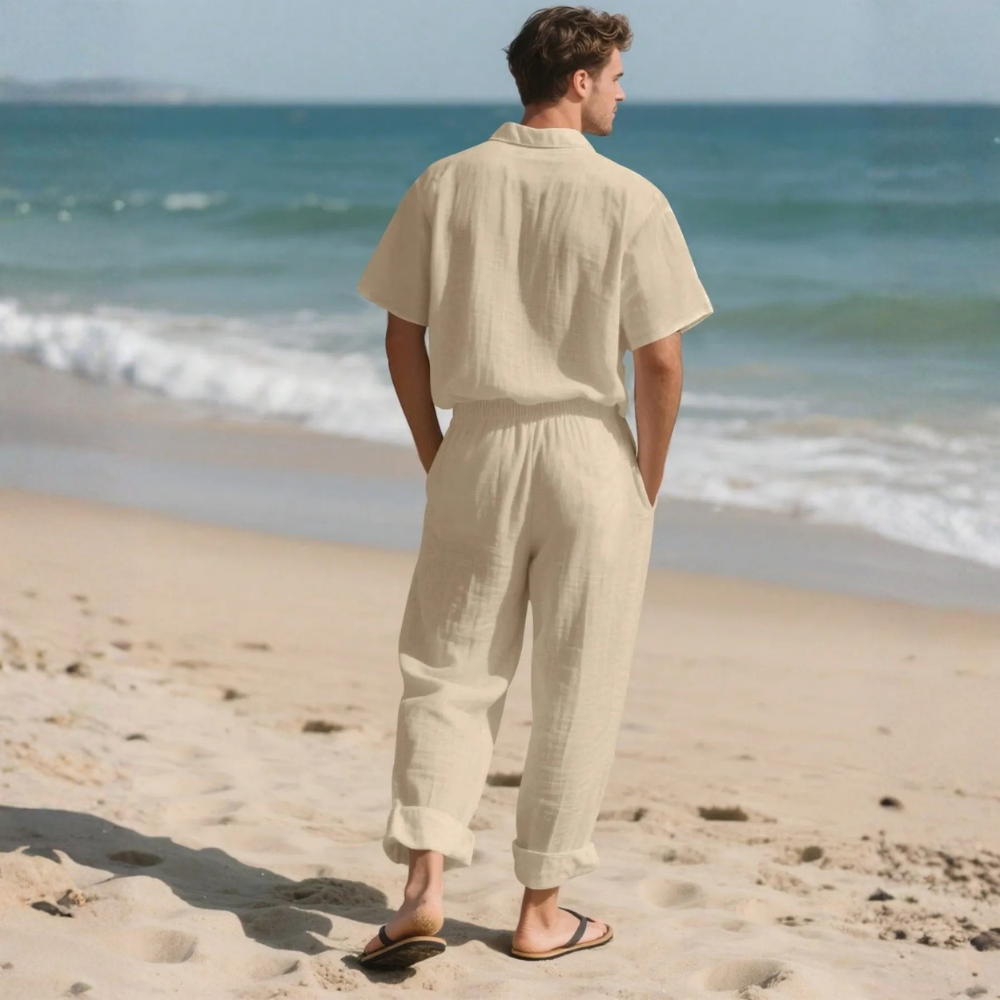 Casual Linen Two Piece Short Sleeve Shirt And Pants Set For Men