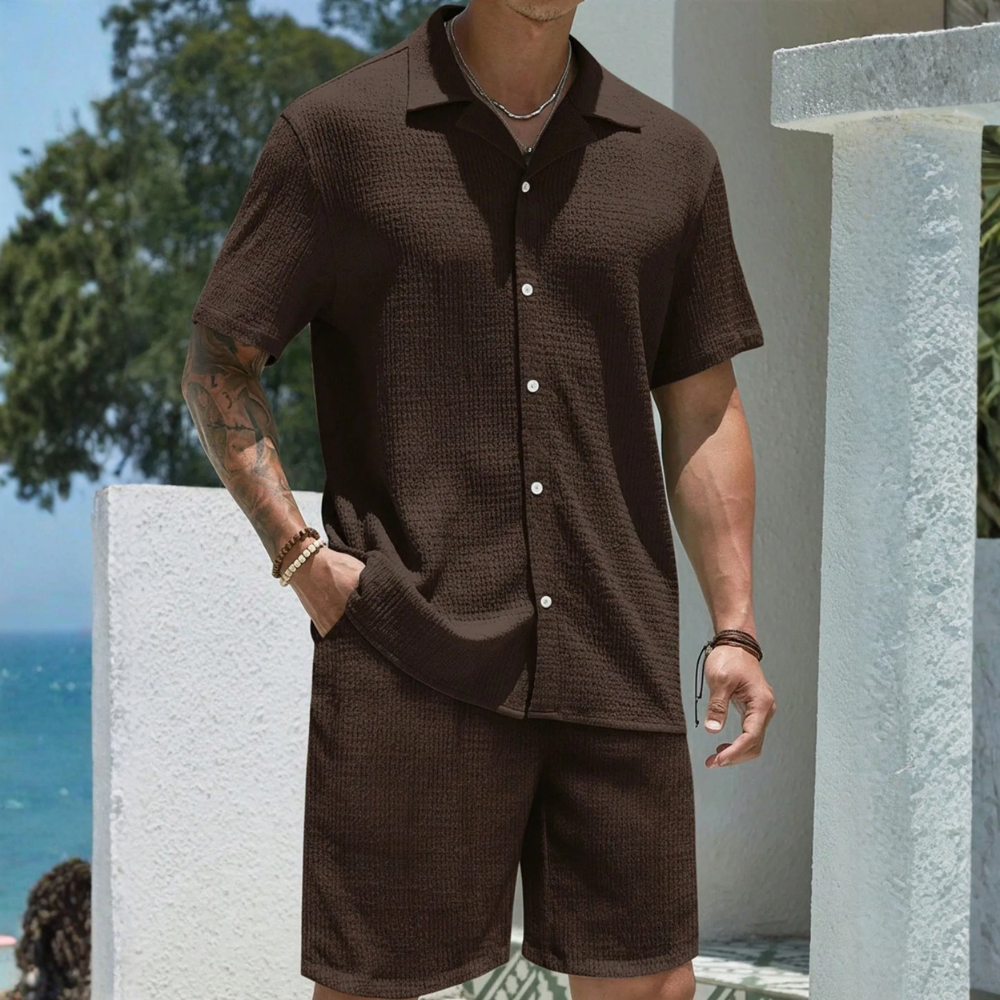 2 Piece Of European Style Jacquard Short Sleeve Shirt And Pants Outfit Set For Men