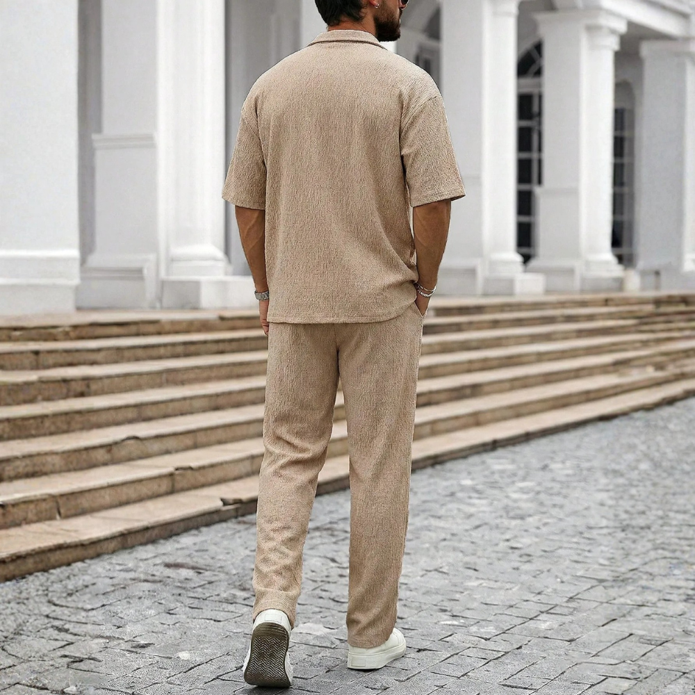Linen Short Sleeve Ruffle Tape Shirt And Drawstring Pants For Men