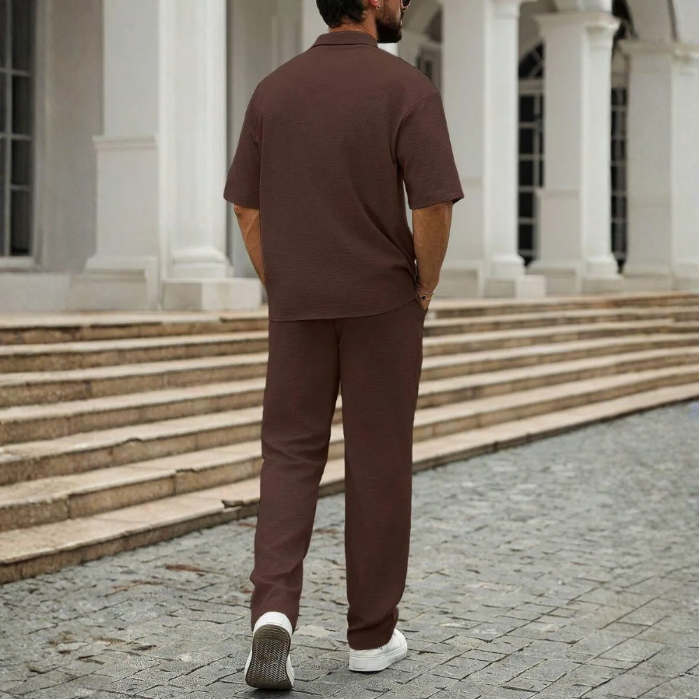 Linen Short Sleeve Ruffle Tape Shirt And Drawstring Pants For Men