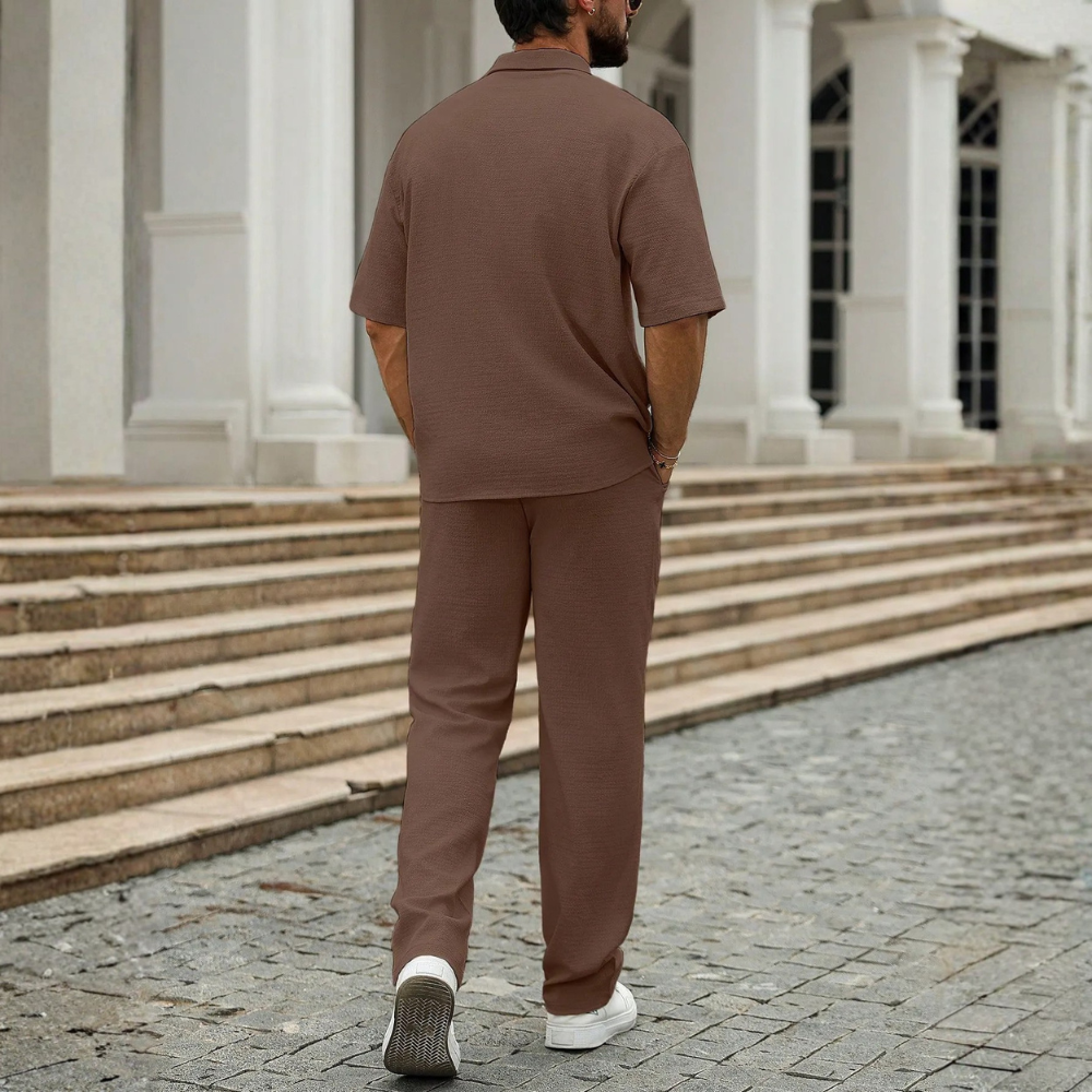 Linen Short Sleeve Ruffle Tape Shirt And Drawstring Pants For Men