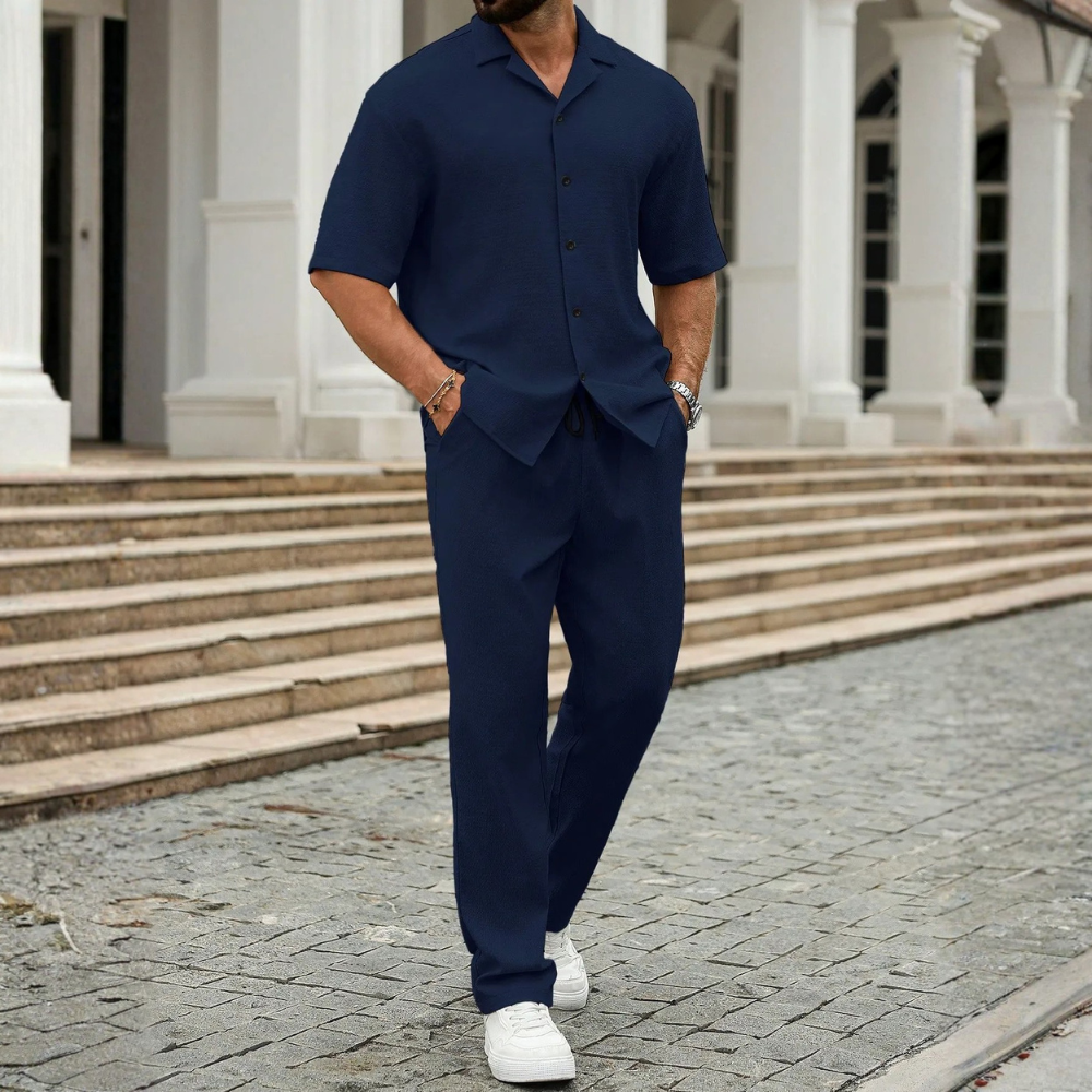 Linen Short Sleeve Ruffle Tape Shirt And Drawstring Pants For Men