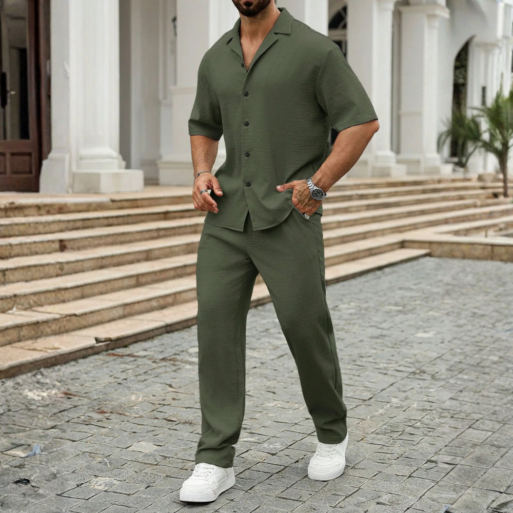 Linen Short Sleeve Ruffle Tape Shirt And Drawstring Pants For Men