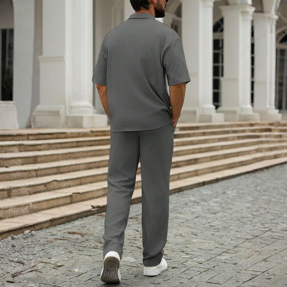 Linen Short Sleeve Ruffle Tape Shirt And Drawstring Pants For Men