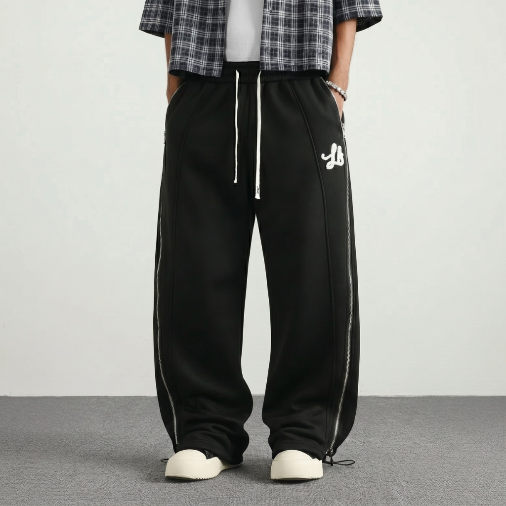 Street Style Wide Pants With Double Zipper And Side Panels