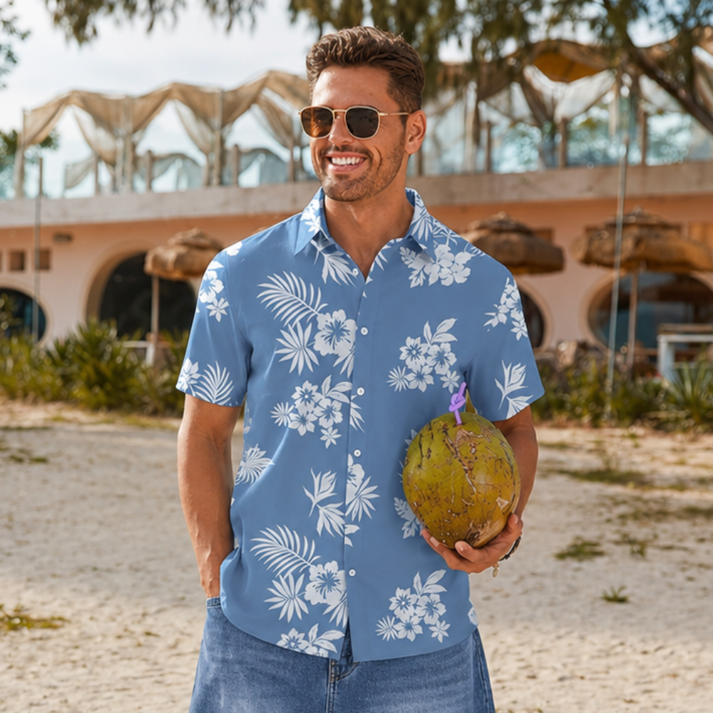 Floral Short Sleeve Button Front Hawaiian Shirt For Men