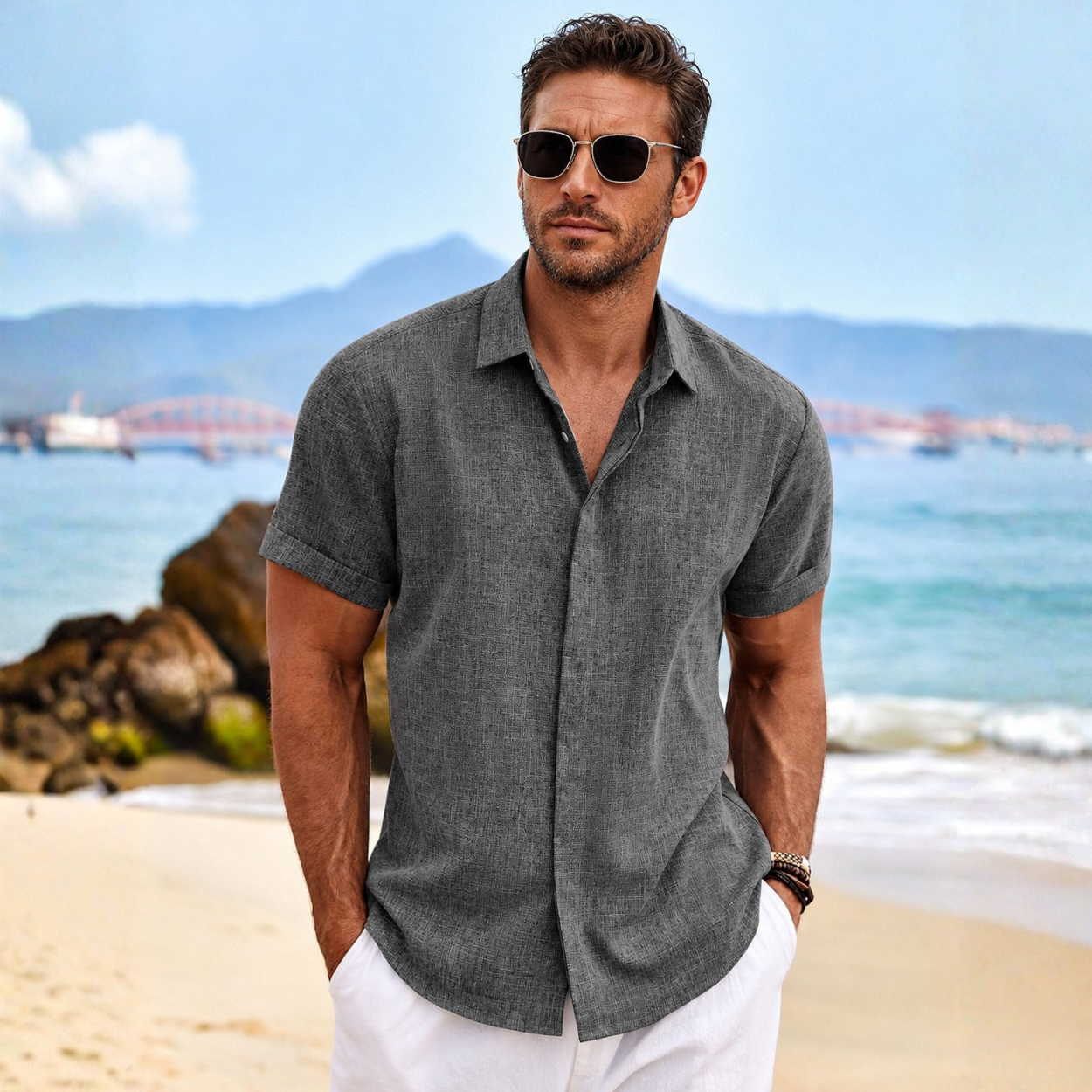 Casual Short Sleeve Linen Button Up Beach Shirt