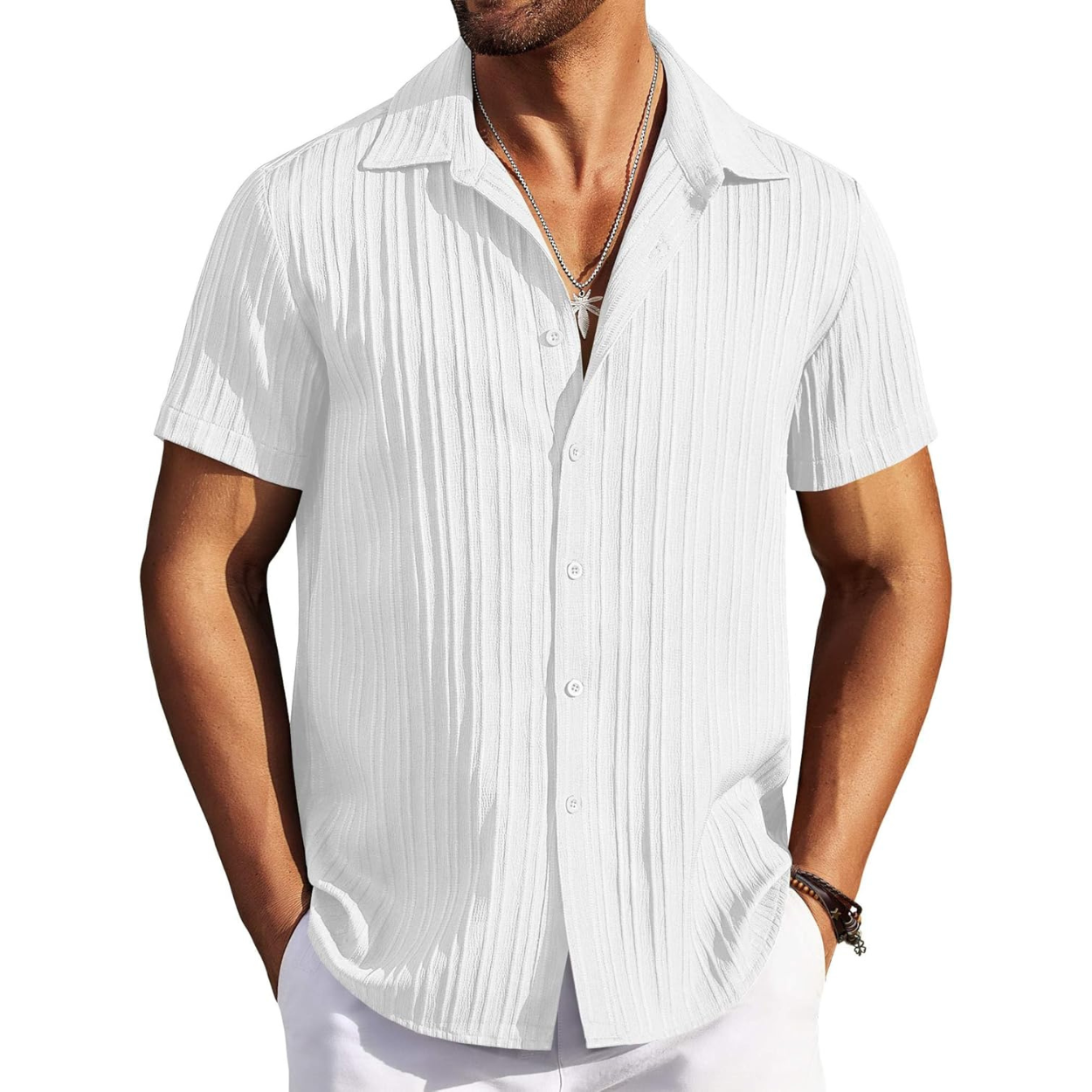 Casual Short Sleeve Textured Button Down Summer Beach Shirt For Men 