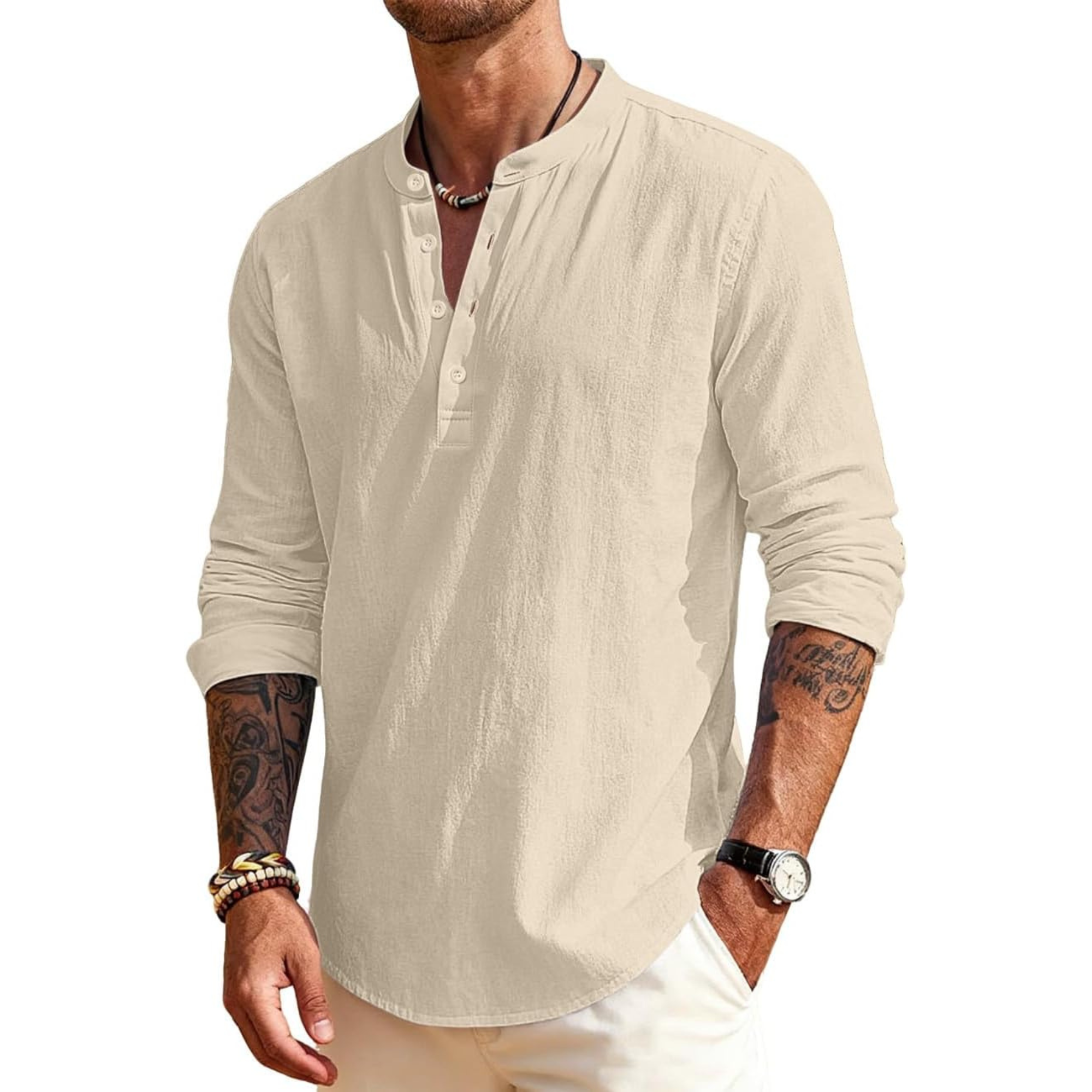 Linen Henley Long Sleeve Casual Beach Shirts
