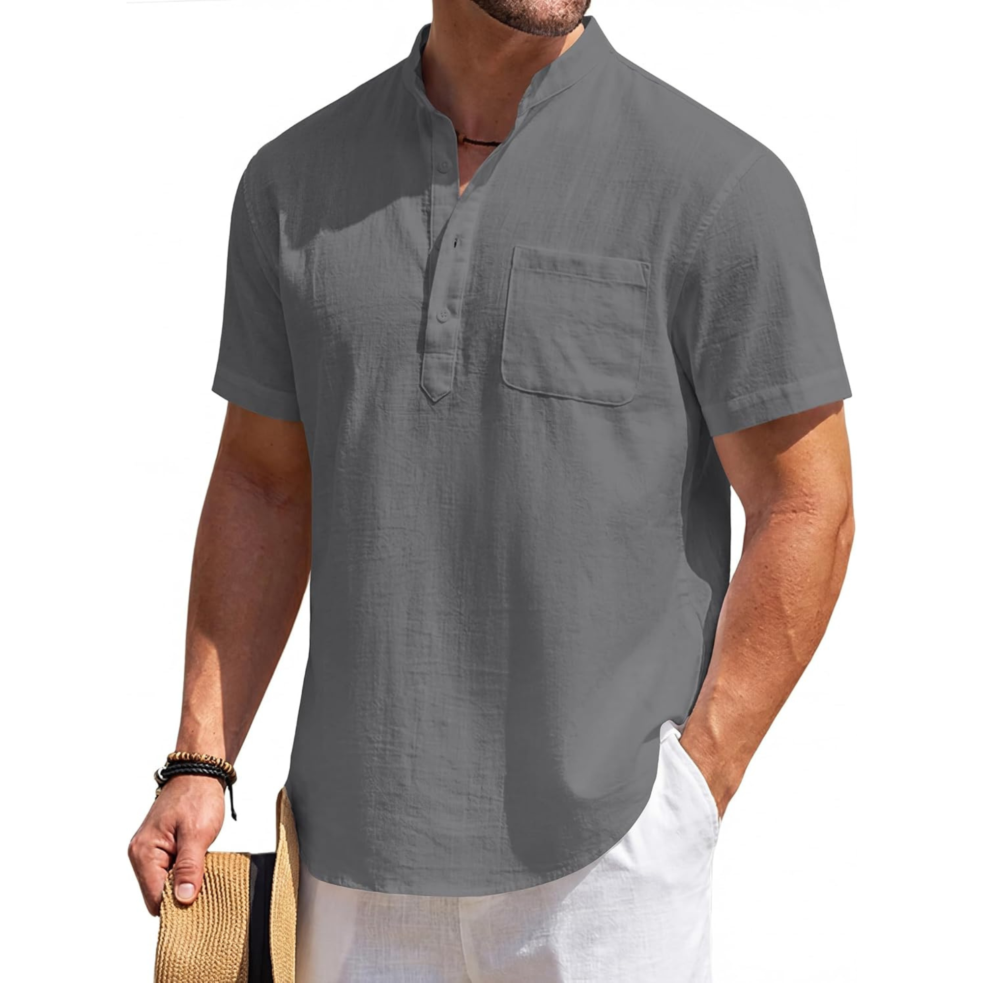 Casual Linen Henley Beach Shirt With Pocket