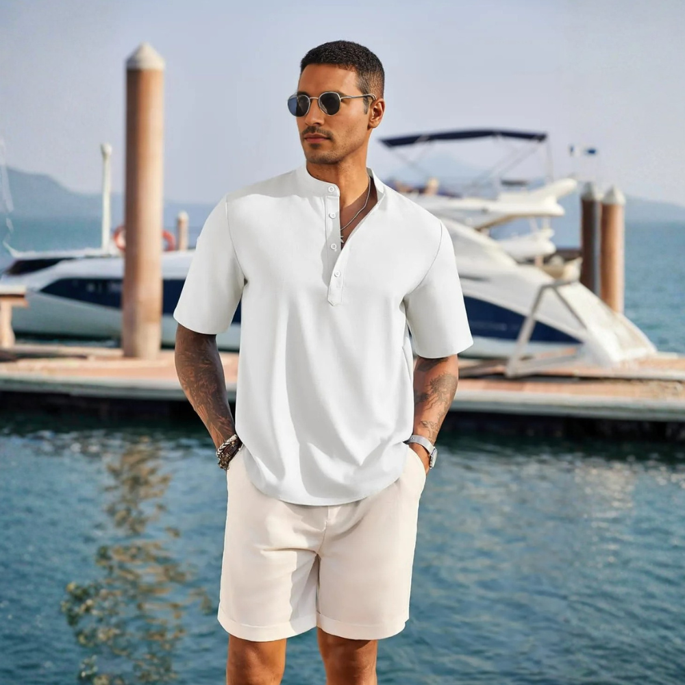 Textured Short Sleeve Casual Beach Button Down Shirt