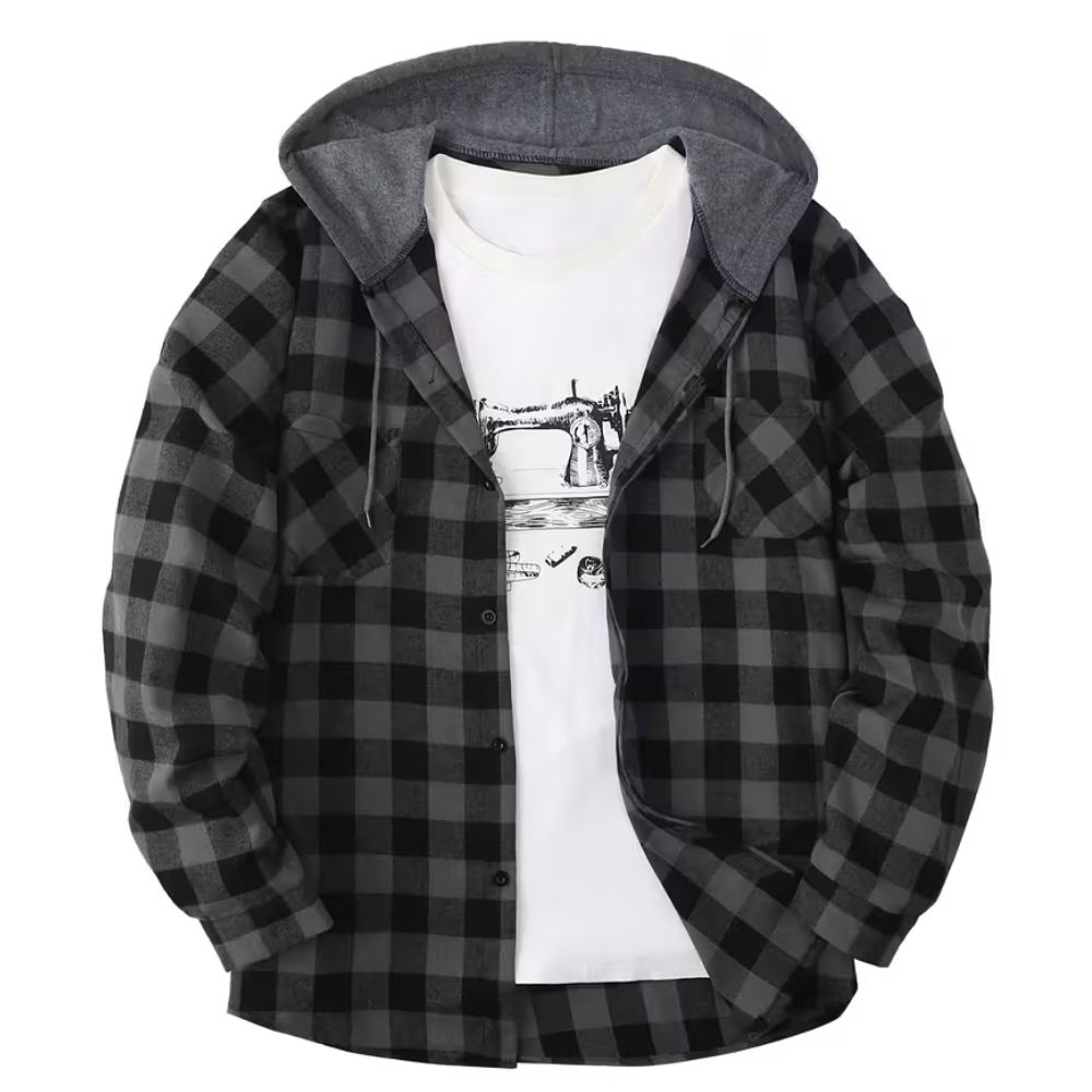 Checkered Button Front Jacket With Hood For Men