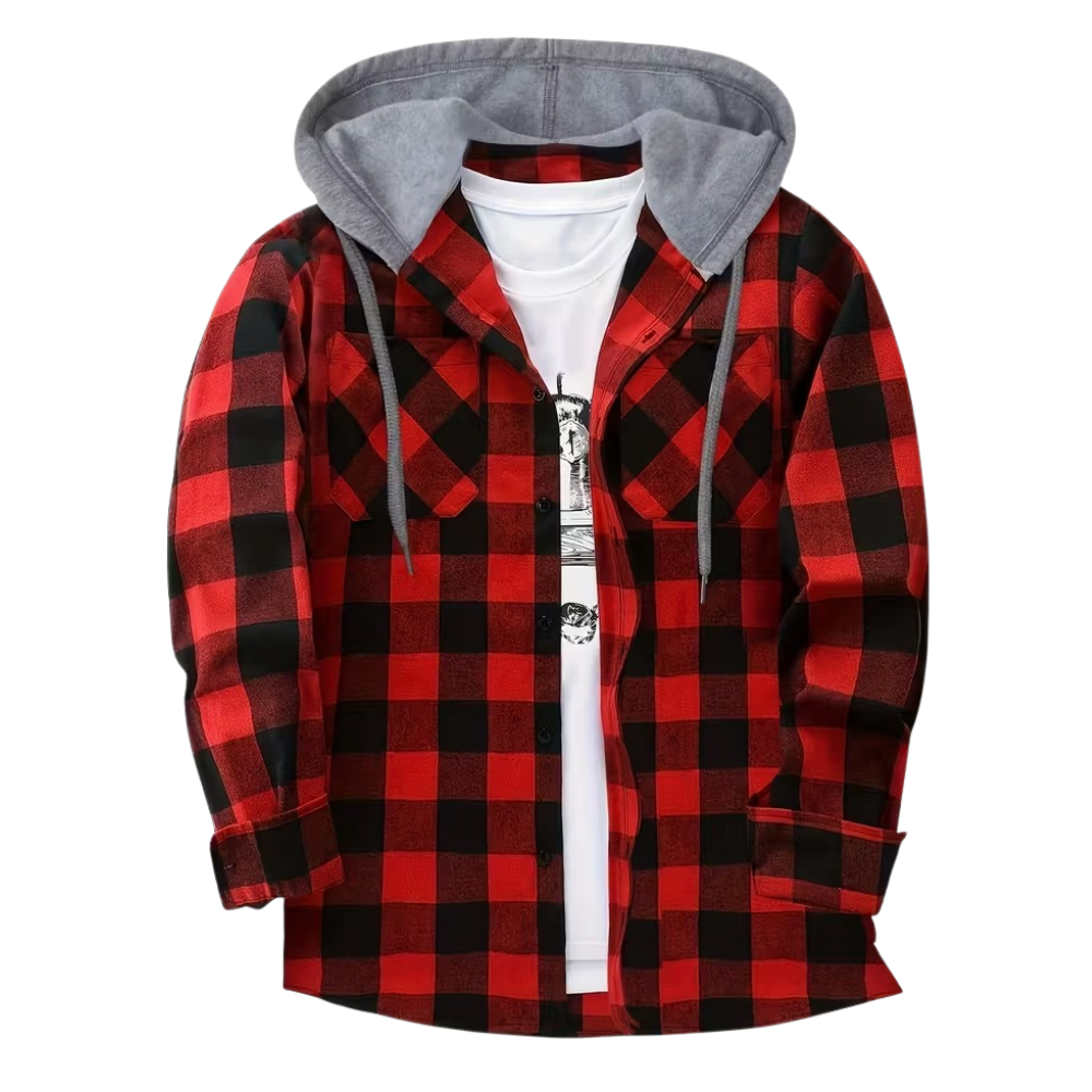 Plaid Hooded Jacket With Button Front And Long Sleeves