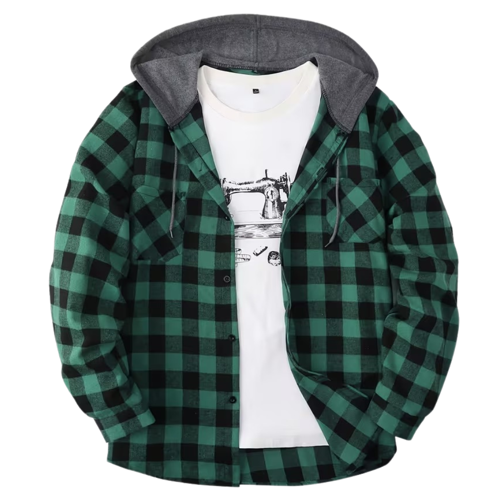 Plaid Hooded Jacket With Button Front And Long Sleeves