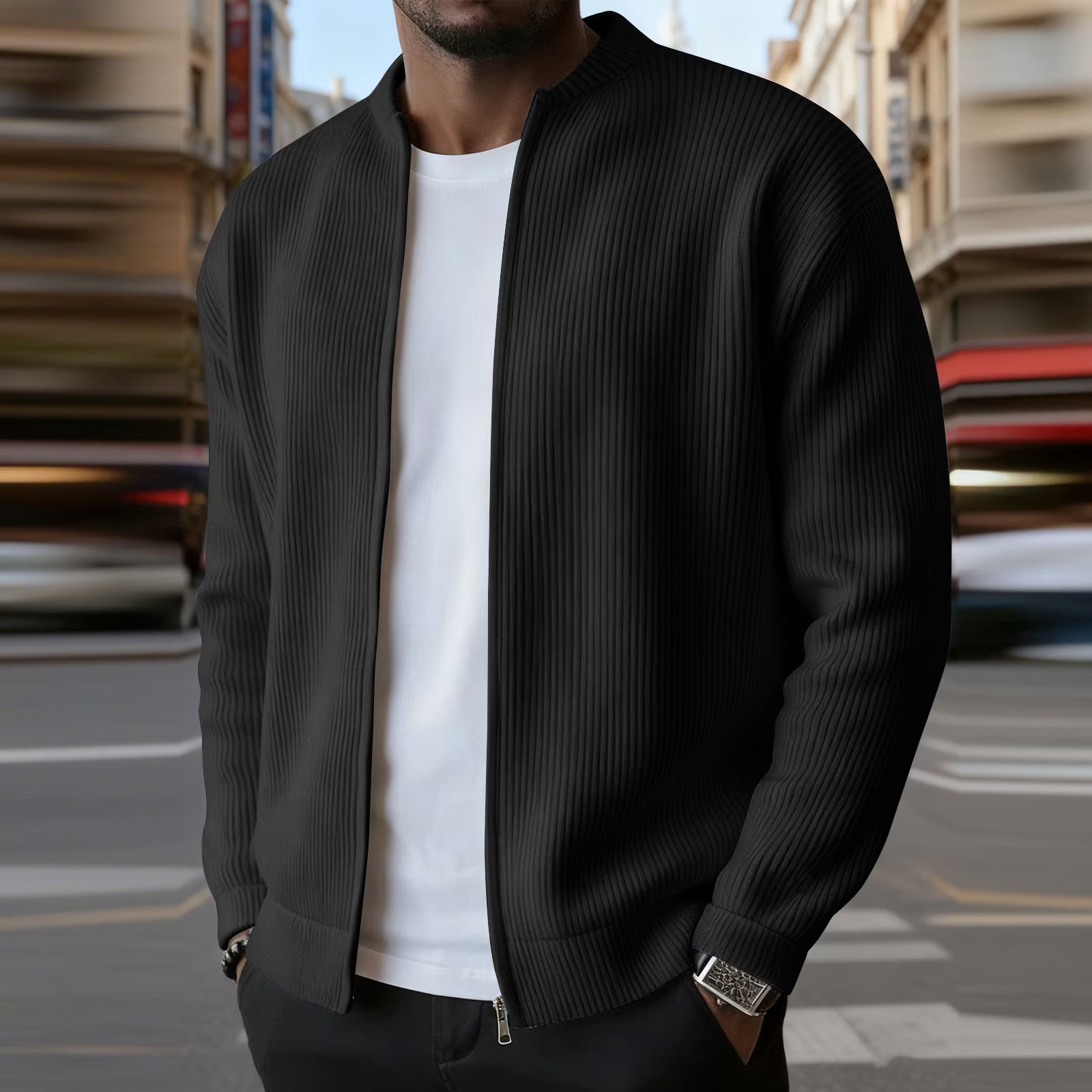 Casual Ribbed Zip Cotton Bomber Jacket for Men