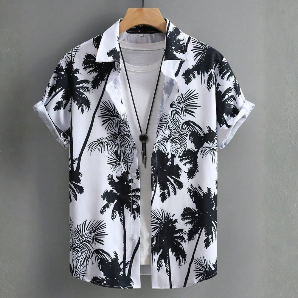 Palm Tree Print Short Sleeve Vacation Casual Shirt For Men