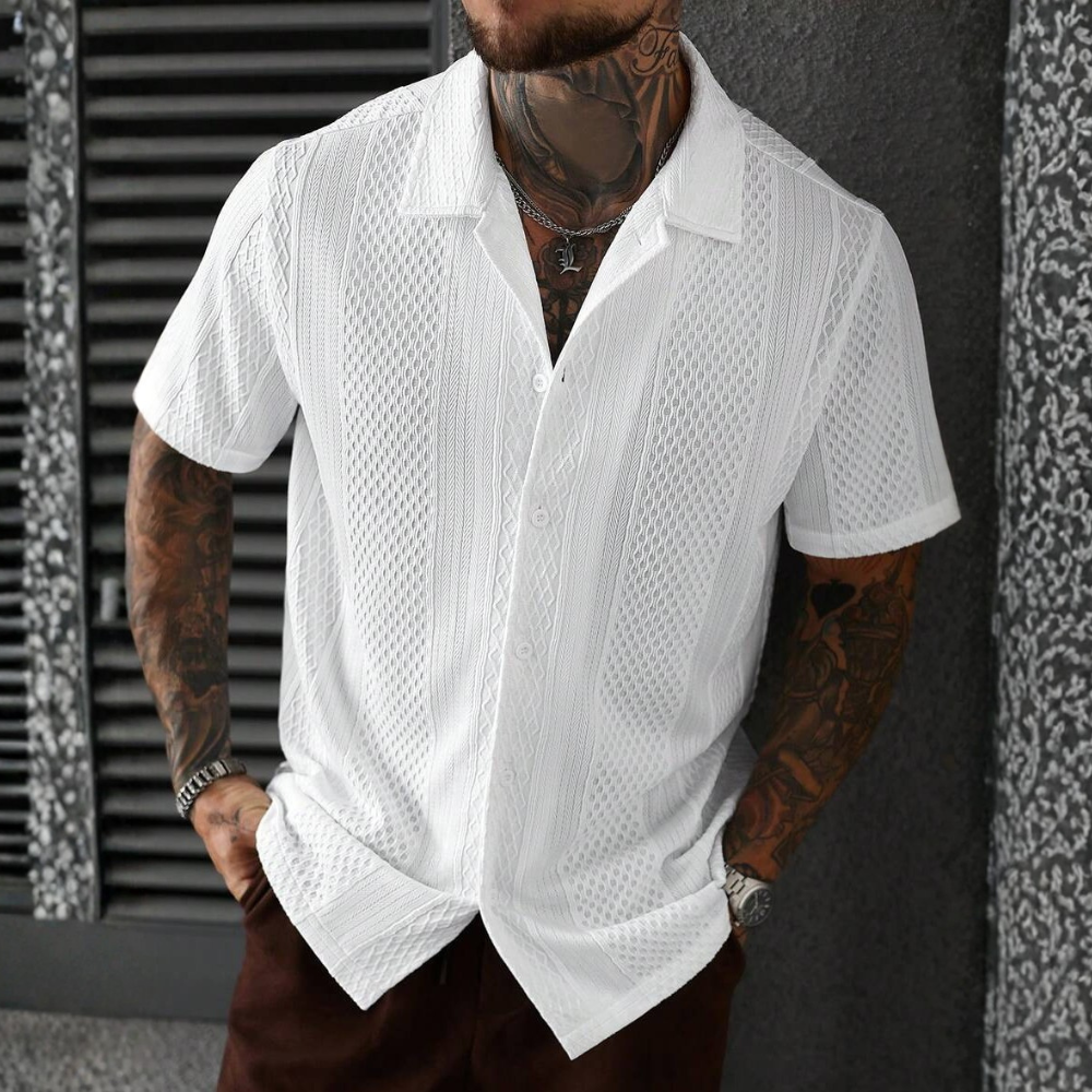 Solid Jacquard Knit Short Sleeve Shirt For Men