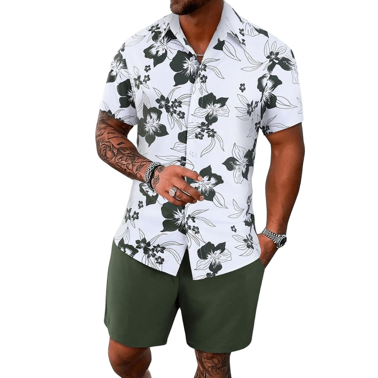 2 Pieces Button Down Shirt and Short Vacation Outfits Set