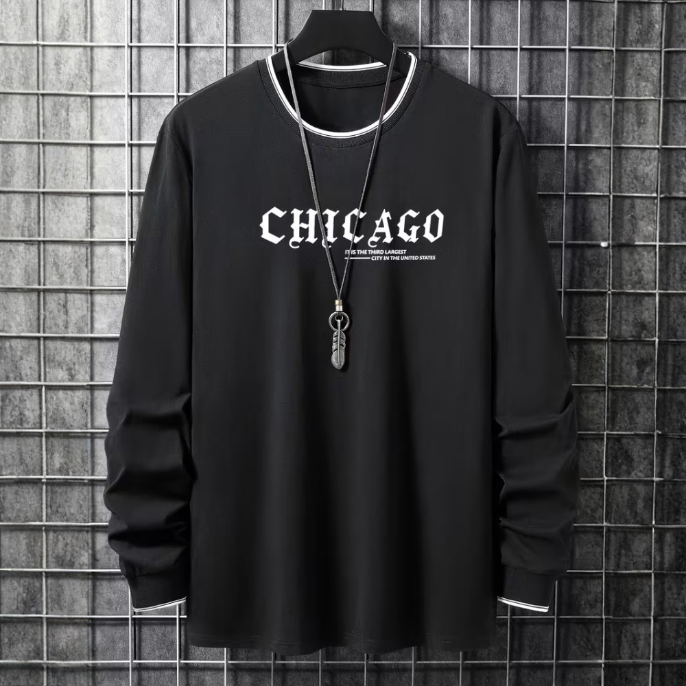Chicago Letter Graphic Print Long Sleeve Casual T Shirt For Men