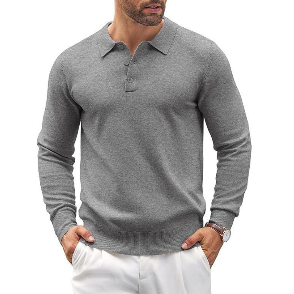 Long Sleeve Front Buttoned Knit Polo Shirt For Men