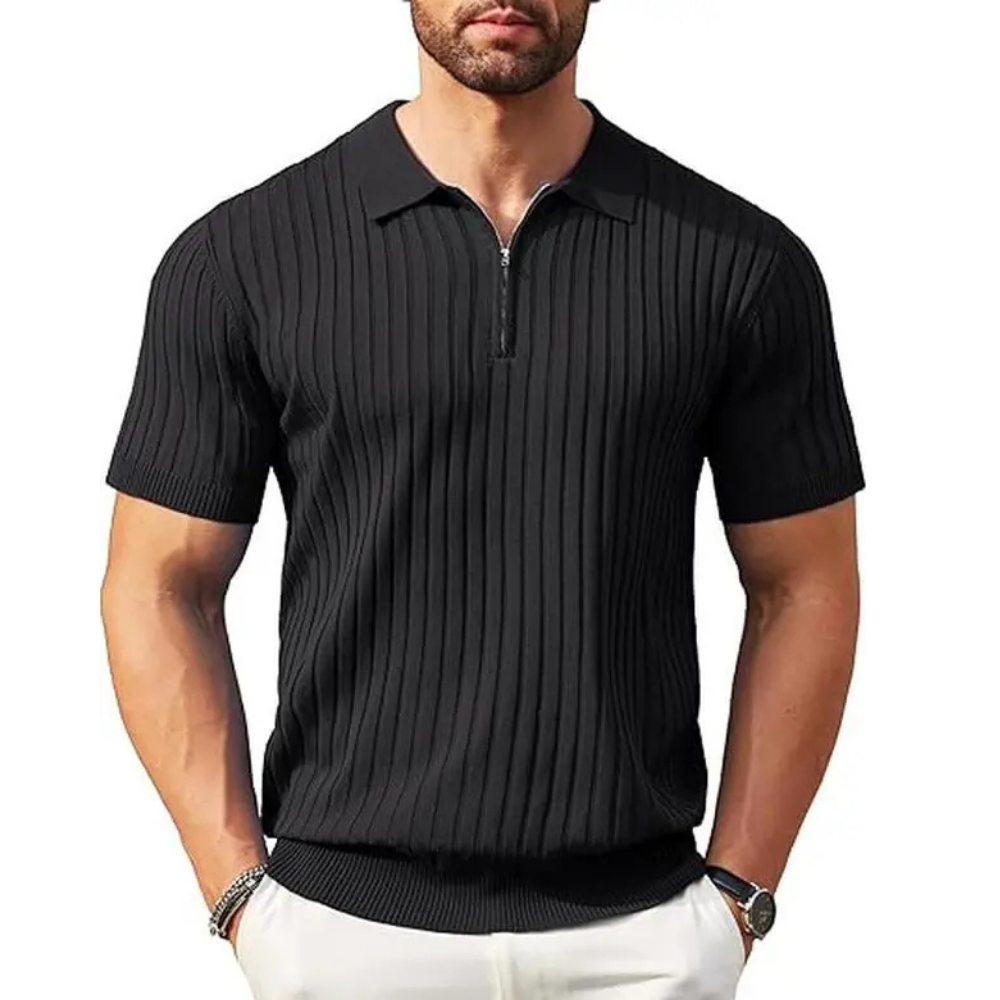 Zipper Ribbed Knit Short Sleeve Polo Shirt For Men