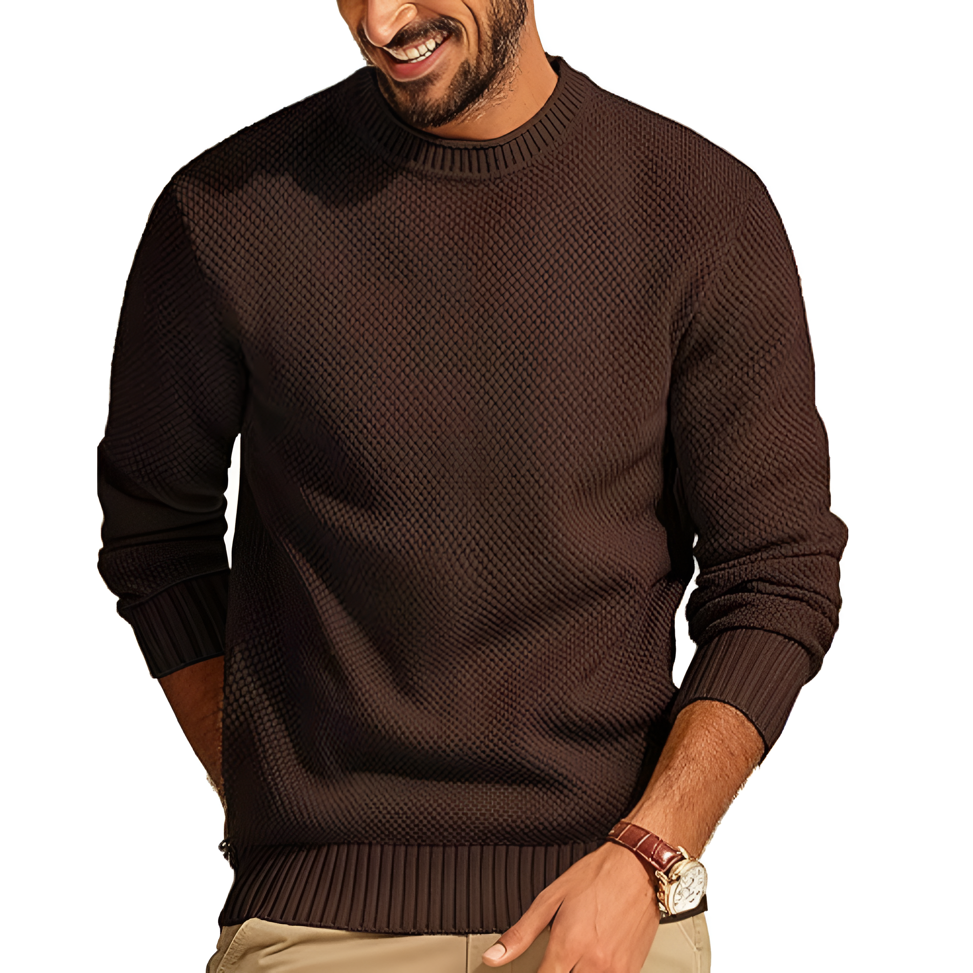  Mens Sweater Waffle Knit Crewneck Sweater Textured Long Sleeve Pullover