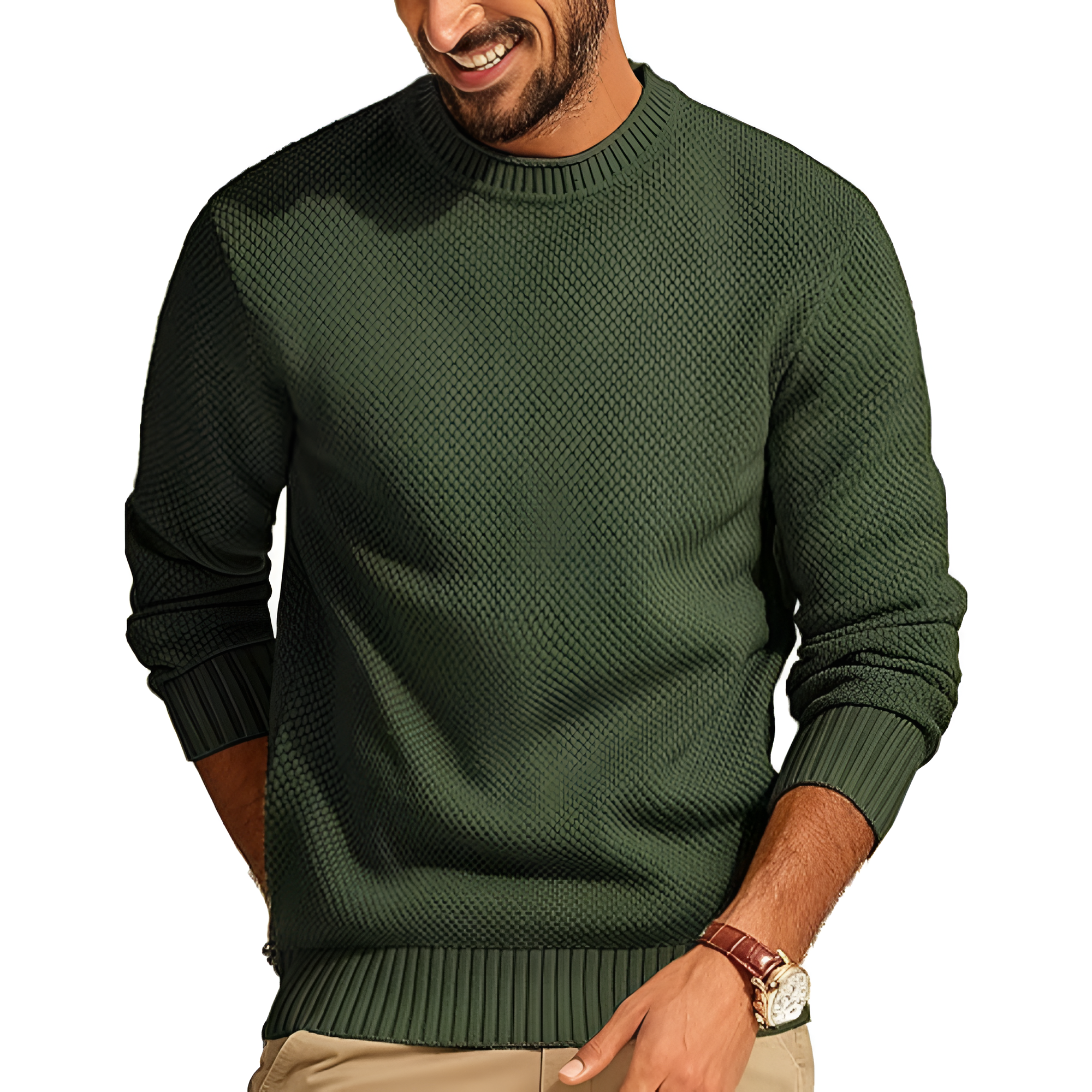  Mens Sweater Waffle Knit Crewneck Sweater Textured Long Sleeve Pullover