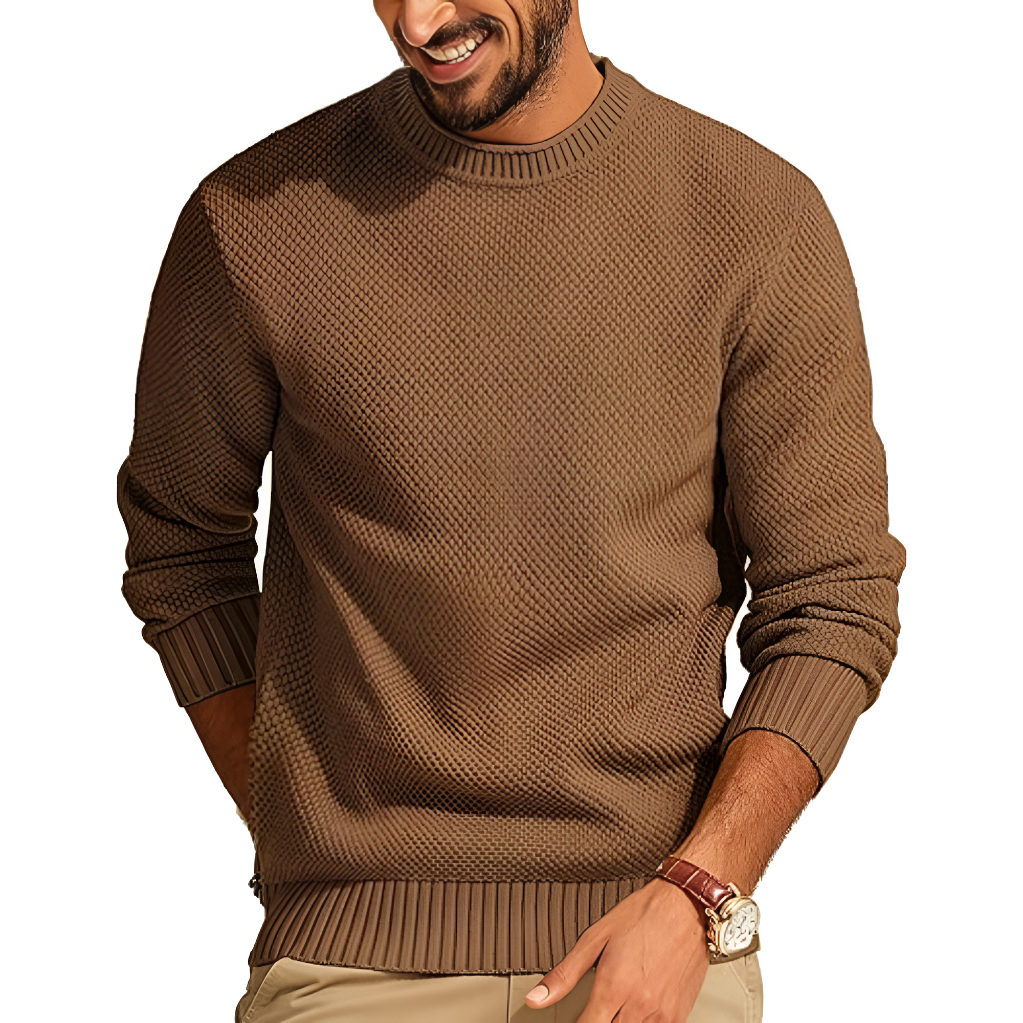  Mens Sweater Waffle Knit Crewneck Sweater Textured Long Sleeve Pullover