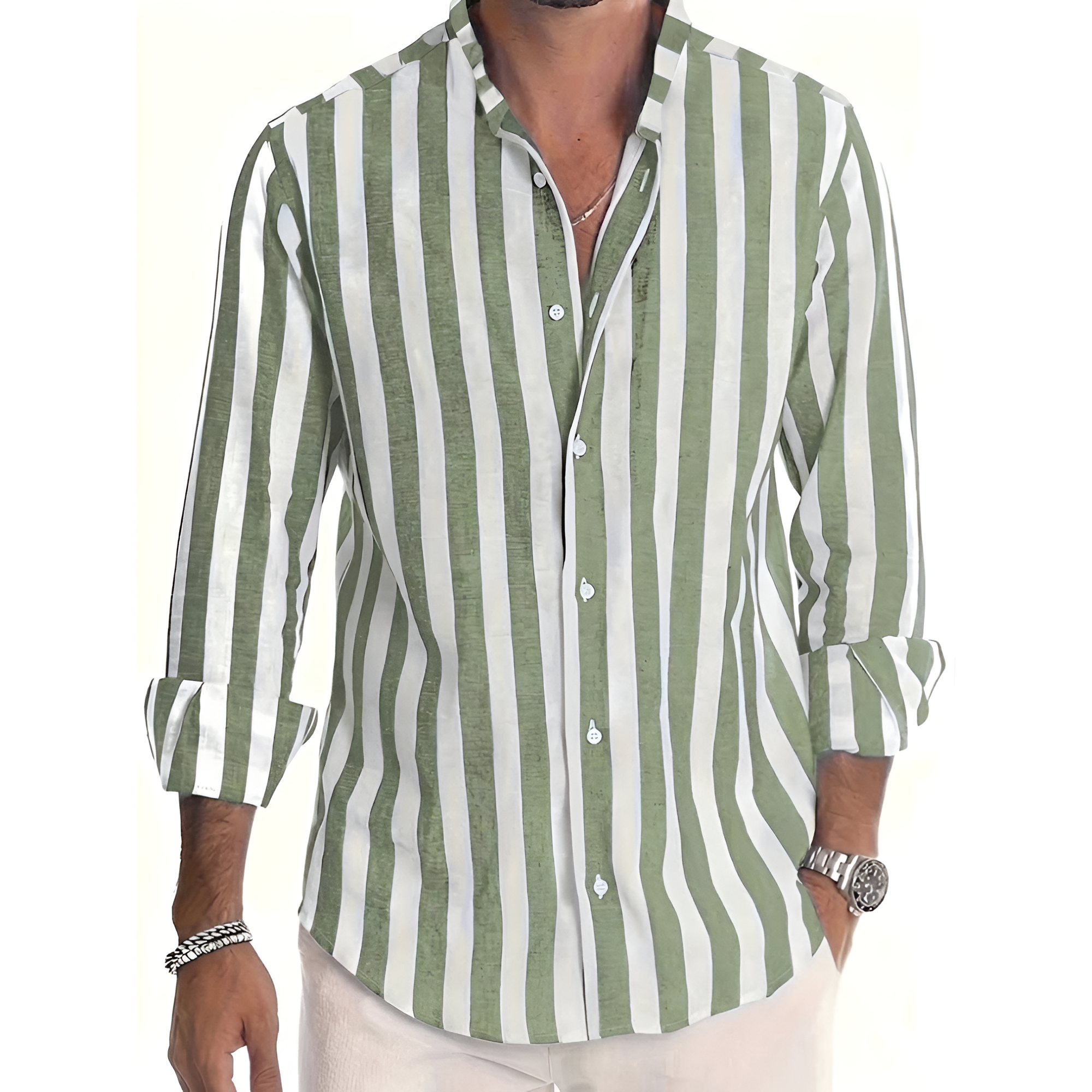 Striped Long Sleeve Button Up Collared Shirt For Men