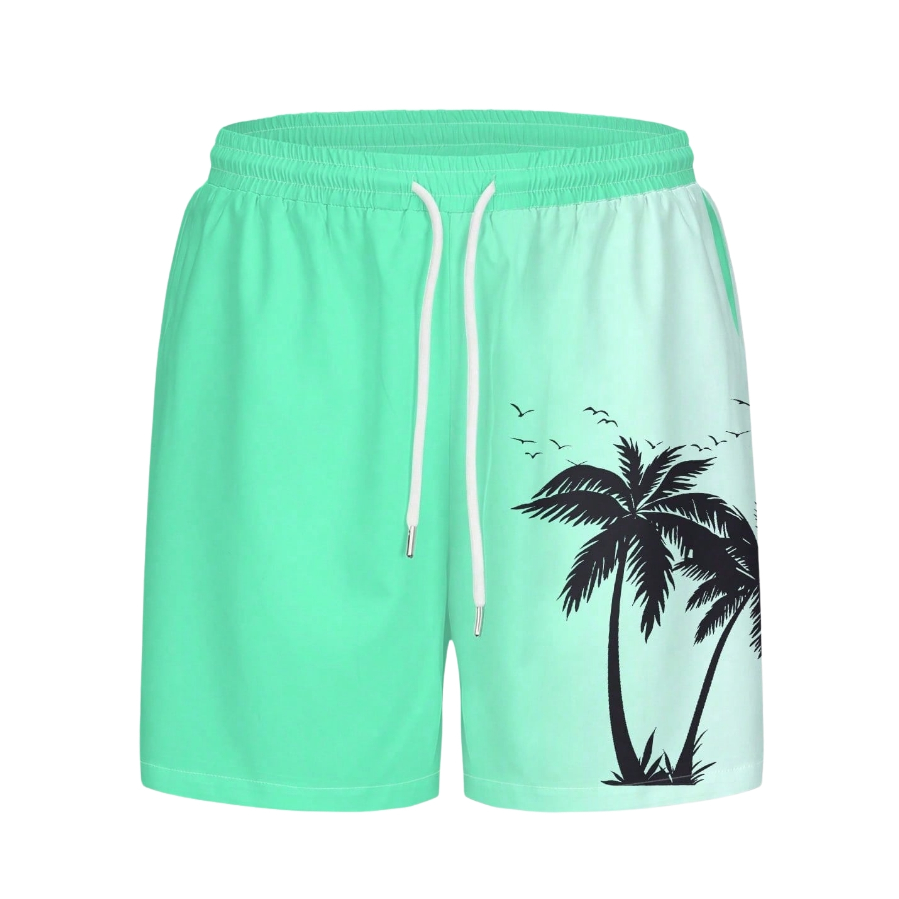 Coconut Tree Ombre Print Drawstring Swim Trunks For Men